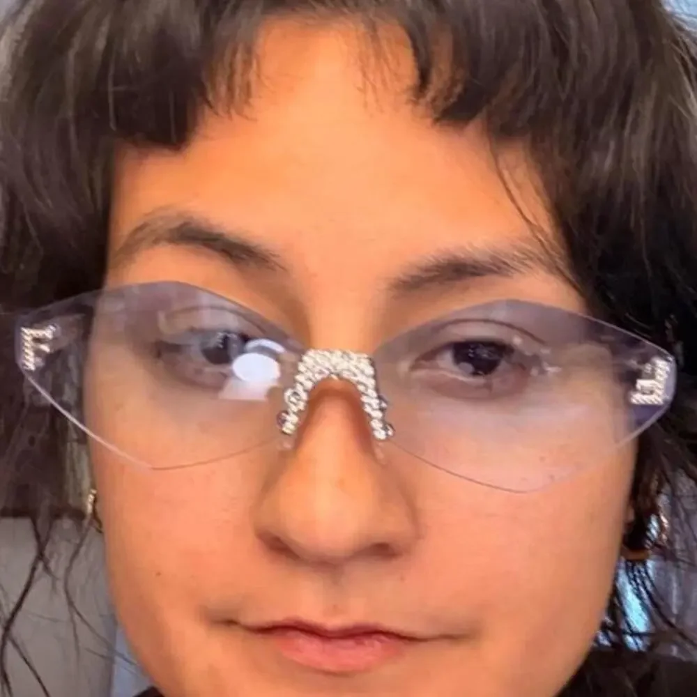 Women's blue Icy rimless sunglasses sparkly rimless glam quiet luxury rich
